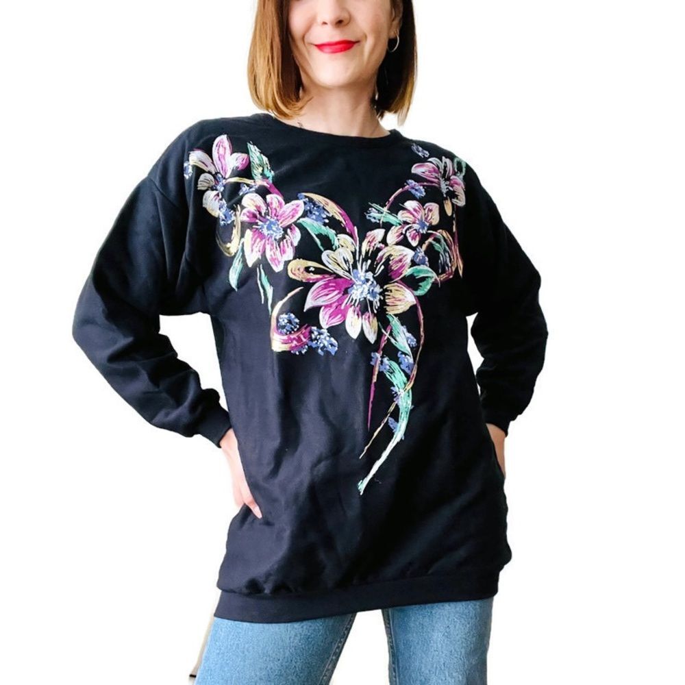 80s Handpainted Sweatshirt M NWOT Floral Black Glitter
